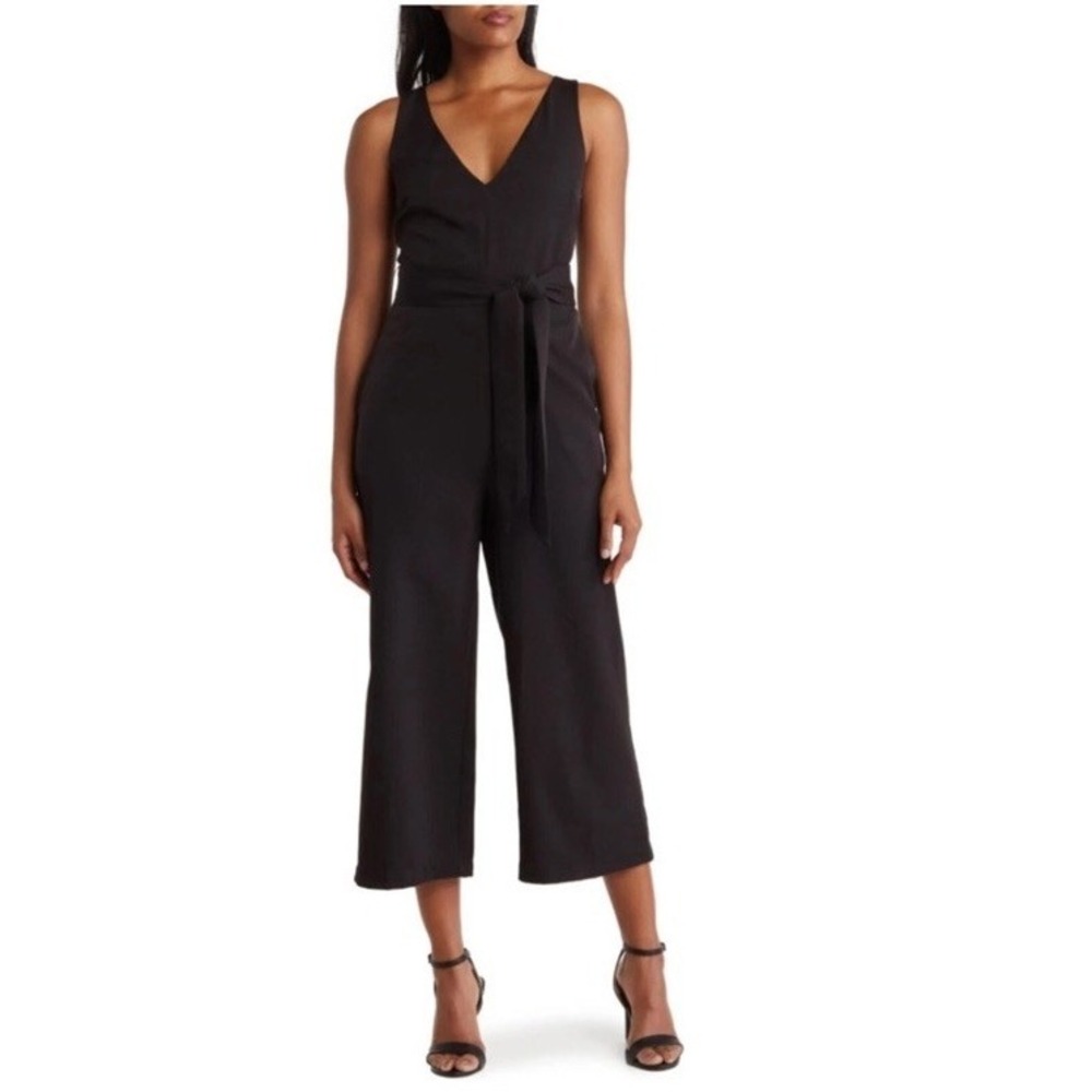 Sam Edelman Womens Tie Waist Crop Wide Leg Jumpsuit Black Size 4